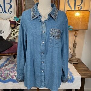 Vintage Quacker Factory Denim Shirt with Animal Print Multicolored Studs